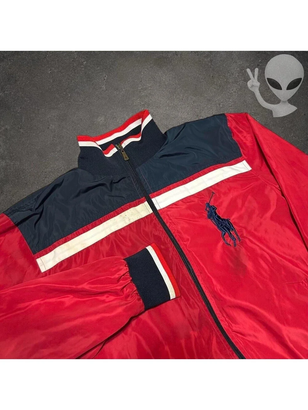 Polo Ralph Lauren Big Pony Full Zip Windbreaker Jacket Mens US XL Red Navy
